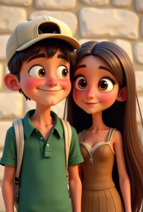  boy wearing a beige cap backwards , green polo shirt and a white shoulder strap .  Girl with very long brown hair and a brown dress with straps.  The boy is taking a selfie of the two .  In the background a wall of white stones .  Pixar-style characters 