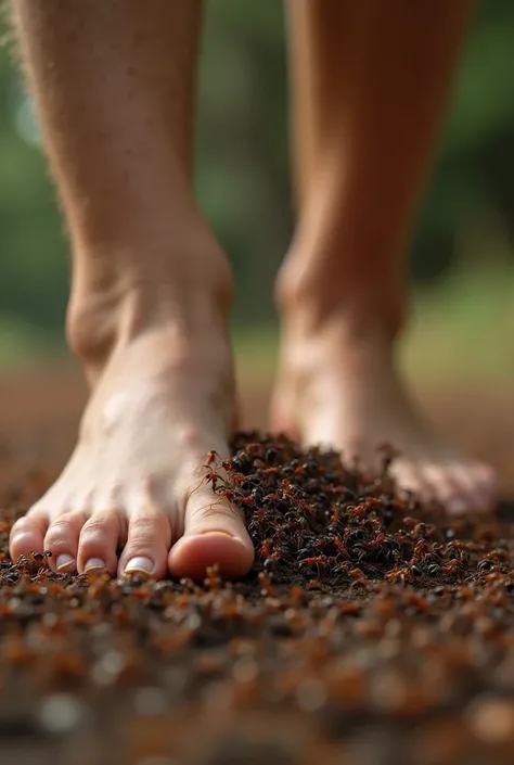  walking barefoot on a pile of ants close up