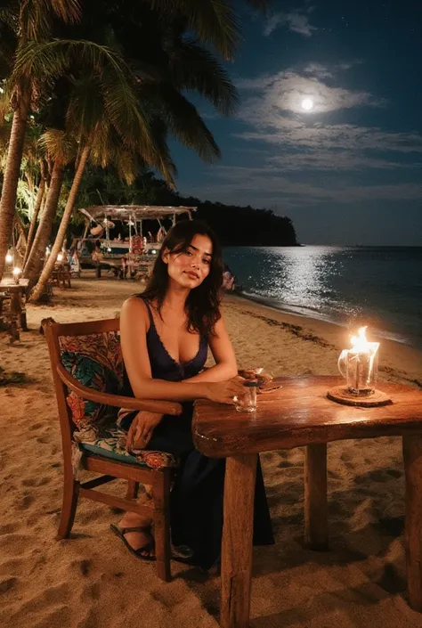 scenario:  The image shows a paradisiacal beach at night ,  with the full Moon reflecting on the crystal clear sea water . The sky is starry,  creating a magical and peaceful environment .  Torches are positioned around the beach ,  illuminating the place ...