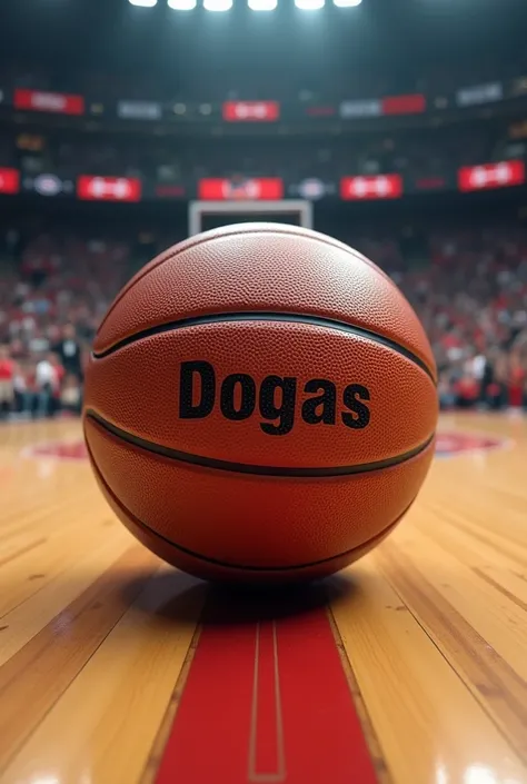 Basketball ball with the name DOUGLAS engraved on the court and stands