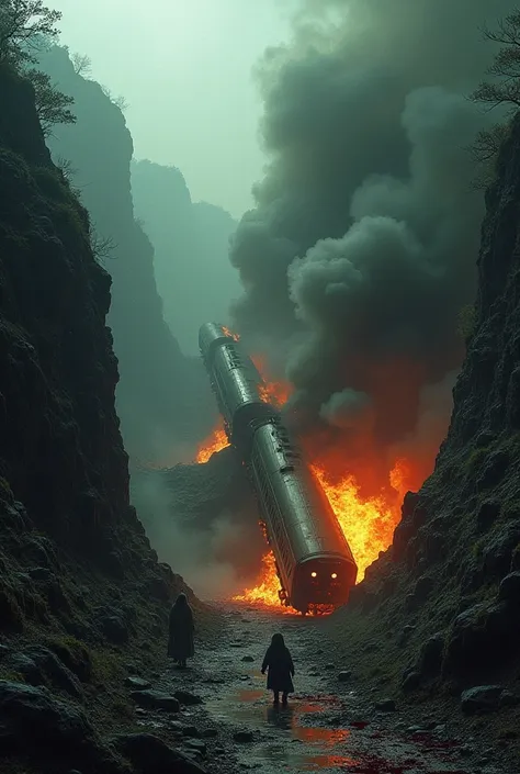 "A horrifying scene of a train derailing and falling into a deep ravine. The train is burning, with flames and smoke billowing up. The ground is soaked with blood, and faint, ghostly figures can be seen wandering around the wreckage. The atmosphere is fill...