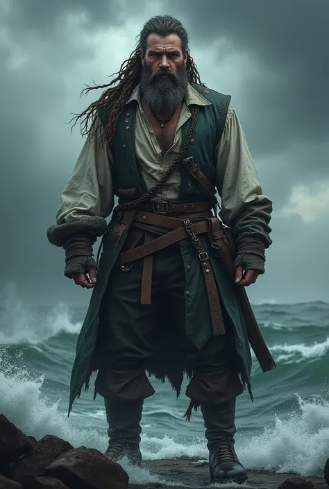 Create the image of a man with Nordic braids wearing pirate clothes 