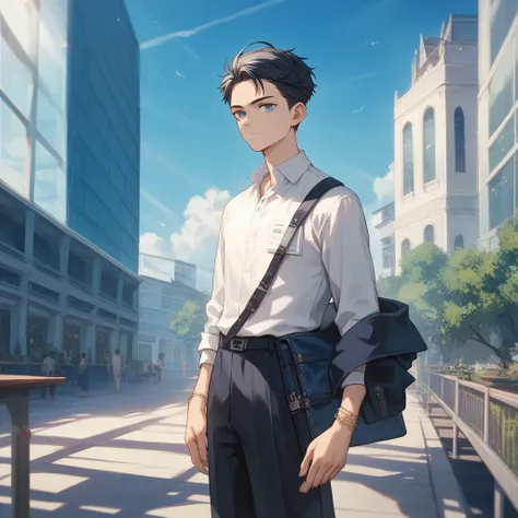 score_9,score_8_up,score_7_up,source_anime,1BOY BREAK Nagi-kun,university student,black hair,very short,(Forehead:0.9)dark blue eyes,(baby face),( melancholy expression:0.8),Petite, slender,moonstone bangle, dress shirt,((Alone))