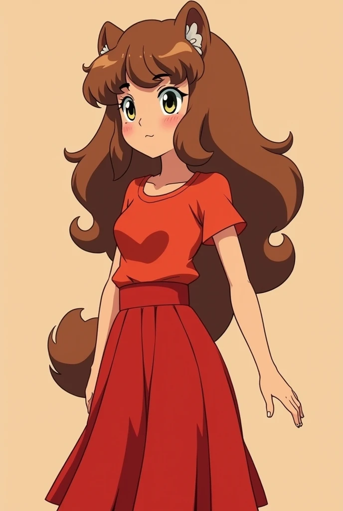 A realistic capybara female female female girl in 2d anime with a bright red top and a bright red pleated skirt with well-curled 80s hair, crisp brown brown color, very long and large, very fluffy crispy originally from the 80s 