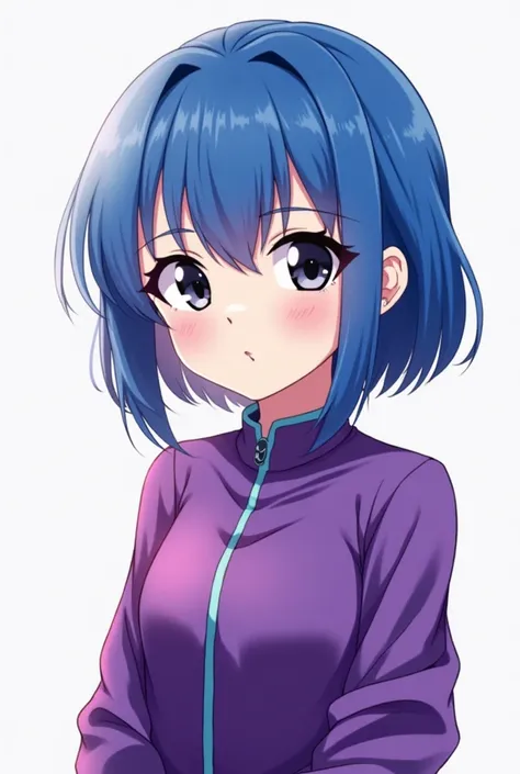 chica,  winked blue hair, black eyes, straight bangs ,  short hair tied up, purple clothes