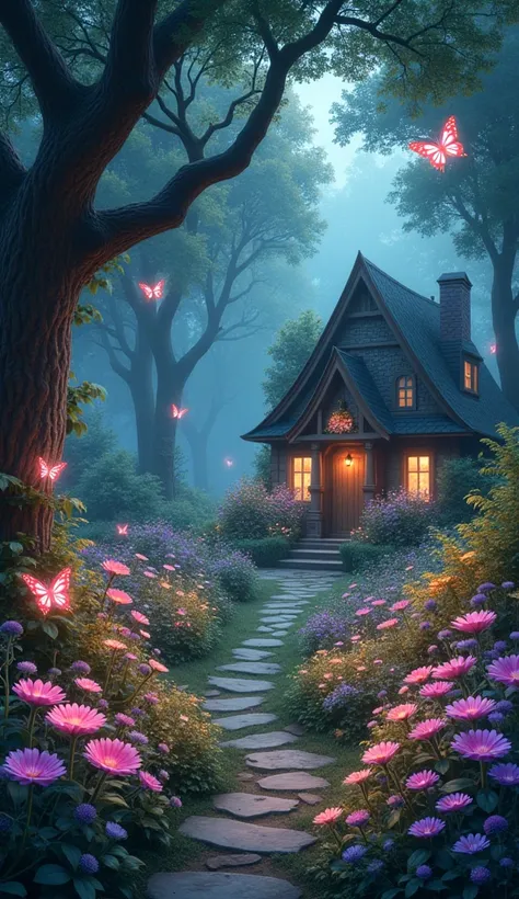 A picture of a magical garden, with magical flowers, and butterflies flying, glowing home light 