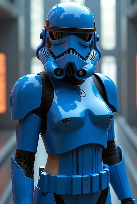 Sexy female stormtrooper (Star Wars), armored leotard, wearing helmet, blue armor, no panties