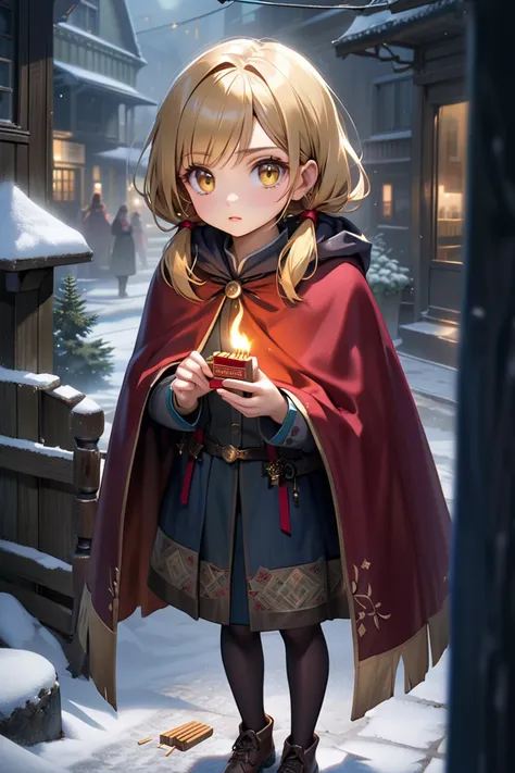 On a foggy, snow, moonlit street corner, full body, (unhappy:1.2), the Little Match Girl, with her tattered, (oversized cape and her tiny hand holding a wooden matchbox, begs to buy some matches:1.3). break, (medium hair, blonde hair:1.2), (low twintails:1...