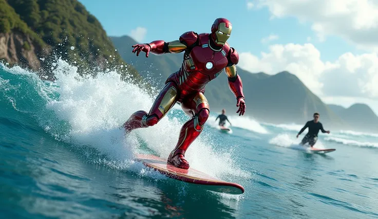 ( Highly Detailed CG Unity 16k Wallpaper:1.1), ( noise removal intensity : 1.45), (masterpiece:1.37), Iron Man, Surfers wander the  waves with wide surfboards, Diamonds replace water/ wave,   high detail ， Distant Scenery