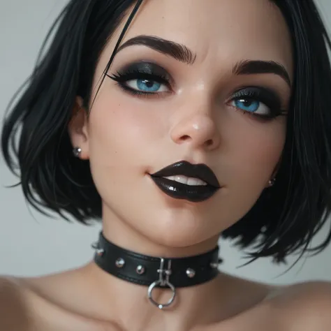 female, curvy, thick, sexy, gothic, short black hair, blue eyes, thick eyeliner, black lipstick, pleased, face piercings, chocker, naked, face shot, head, close up