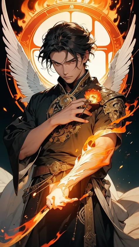 １man,  sks Handsome Man Avatar ,   Fire Mage with Wings After the End  ,  complicated,  elegant ,  very detailed, number,  art station ,  concept art , smooth,  Sharp Focus,  illustration,  Artwork： Krenz Kusat 、  Artem Demura and Alphonse Mucha , ((Hands ...