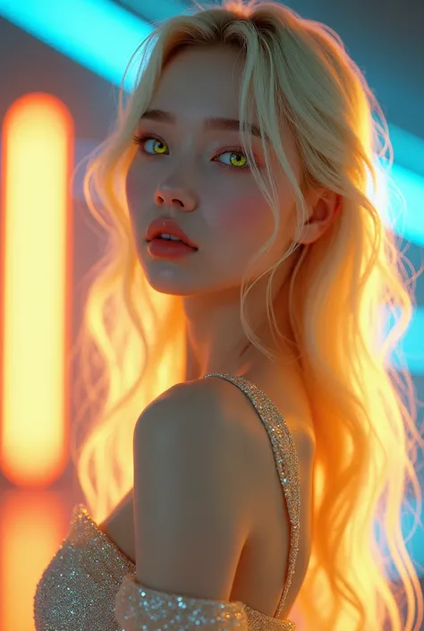 Blonde　Yellow-green eyes　 girl 　fictional K-pop idol　3dCG