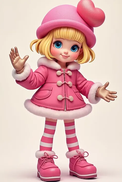  Taffyta caramelo from Corrida Doce , with gloves on hands,  with short blonde hair with bangs, And a pink jelly bean hat , and blue eyes ,  pink jacket with sleeves with white stripe, Poured pink glitter, And long pink socks with white stripes, and pink s...