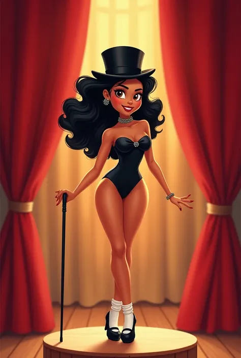 A beautiful Mexican American 5 foot 6 woman with beautiful black wavy hair cascading down, wearing a black leotard, with a black top hat, black bow with a white collar around her neck, black Mary Jane tap shoes with white socks, black cane to tap dance wit...