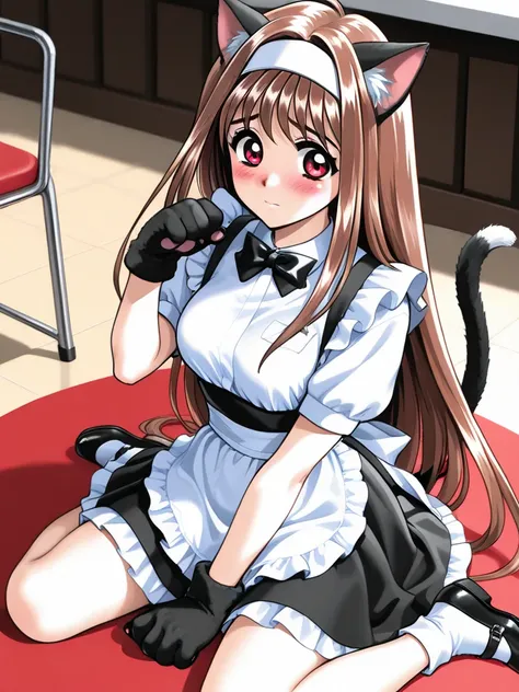 masterpiece,best quality,very aesthetic, highres icon, YuukiMizuho, 1girl, Alone, long hair, brown hair, red eyes,  embarrassing,blush, waitress, maid, cat ears,cat ears,Cat tail,Cat tail,Cat tail, cat gloves,cat gloves,cat gloves, paw pose, She received a...