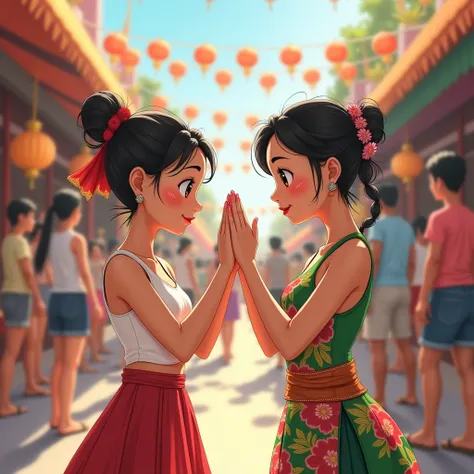 An awkward woman (cute, mini skirt, tank top), is learning to wai, a egg powder white makeup woman in traditional Thai dress, is pressing palms with her and flirting. Street festival
