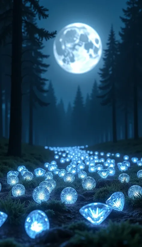 Create an image of countless sparkling diamonds scattered across the forest floor under a bright full moon. The diamonds should shimmer and reflect light, creating a mesmerizing glow that illuminates the surrounding area. The background features tall, shar...