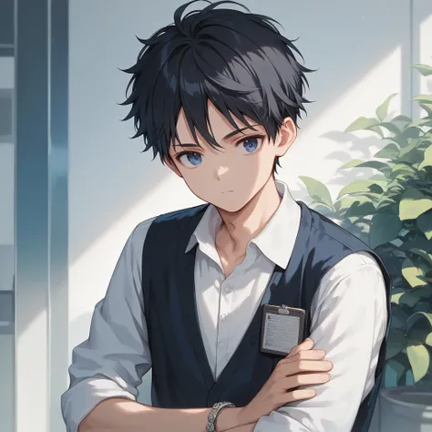 score_9,score_8_up,score_7_up,source_anime,1BOY BREAK Nagi-kun,university student,black hair,very short,(Forehead:0.8),dark blue eyes,(baby face),( melancholy expression:0.8),Petite, slender,moonstone bangle, dress shirt,((Alone))