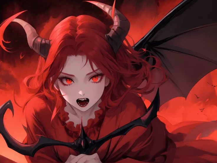 2 scary demon girl, with horns, with vampire teeth, red dress, with long black and red hair, with bat wings