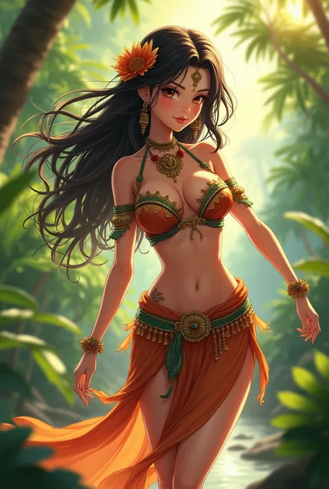 anime girl, tropical, sun-kissed complexion, long dark hair, brown eyes, wearing traditional sarong, revealing, traditional clothes, athletic build, tropical forest, dancing, mysterious, anime, sensual 