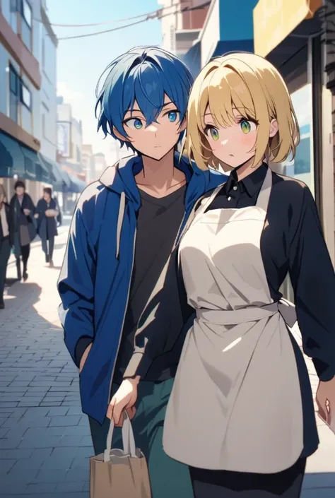 A woman with yellow hair and blue-green eyes in an apron and a man with ultramarine blue hair and green brown eyes are walking together through the city　Date