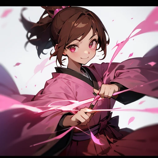 warbler,  pink gem, Personification,  wizard, 1 Girl, Young, Brown Hair,  short ponytail,  pink costume, Hakama,  pink eyes,  cute,  smiles,  innocent,  Kunoichi