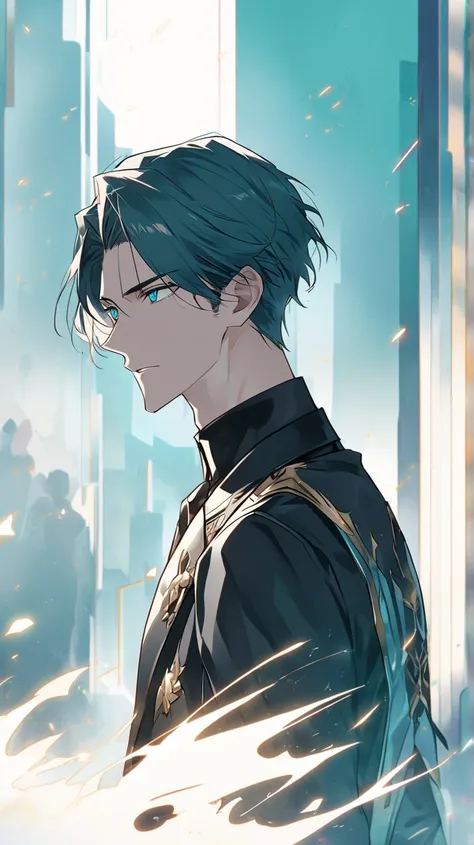 a handsome young man with turquoise eyes and black suit like a manhwa character ((2D)) ((handsome)) ((perfect face)) ((unrealistic grafik like anime)) ((facing straight ahead, neither to the left nor to the right))