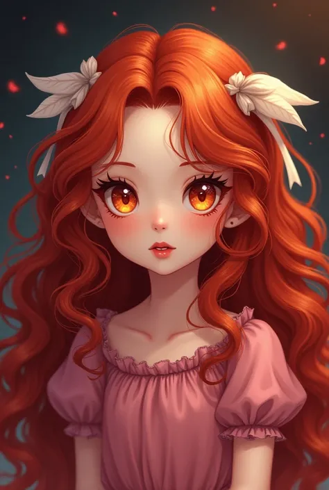 Little vampire girl with long super curly hair and Bright golden magical eyes. Her hair color is a vibrant auburn with strong reddish-orange tones, giving it a warm and fiery appearance. It has depth, resembling a mix of red and copper hues that are promin...