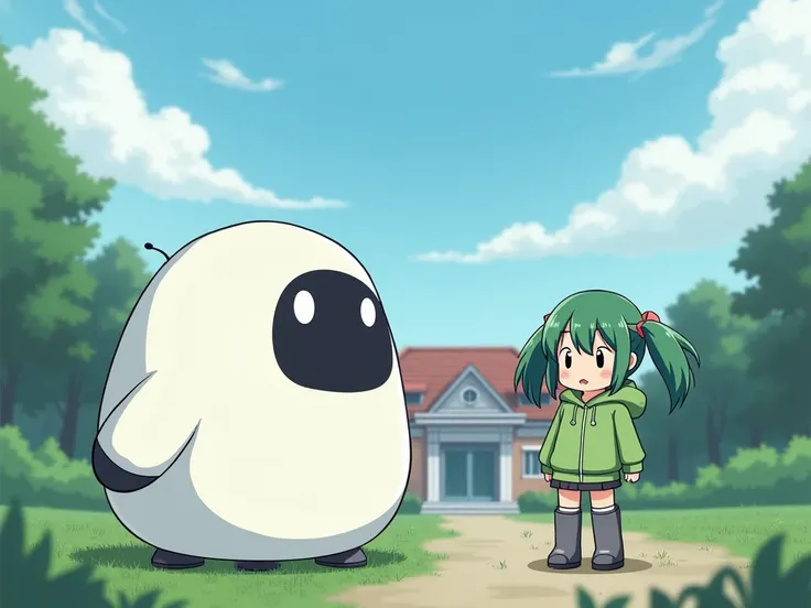  white round robot on the bottom left 、２ eyes are big and round 、 big head and cute robot 、
 cute 18 year old girl with anime-style twin tails on the bottom right、 green hair and a green hooded hoodie 。
The background is a school landscape 