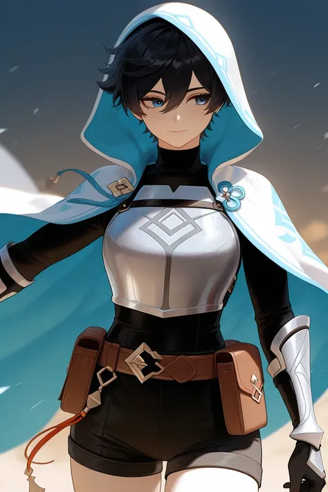 A woman with short black hair,Wearing a black turtleneck with black shorts,Wearing light armor,Symbol of wind, beautiful face, cool,Cheerful.Very sexy, Genshin,cool,She has a travel belt and a pouch.Shes wearing a cool cloak. 