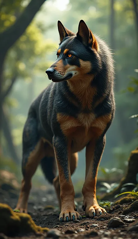 "Majestic Pythound - A Hybrid Beast
Main Features:

Massive creature with dogs front body merging into pythons tail
Large wolf-like head with pythons scale patterns around eyes and jaw
Front body covered in thick fur (German Shepherd coloring)
Scales gradu...