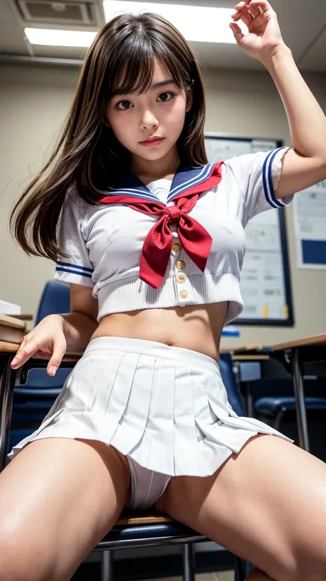 masterpiece,Product quality,   1 Japanese young and cute girl    ,   high school girl,18 years old,  shot by a cowboy ,(  taken from below    :1.3),(Well-balanced:1.3),Daytime, (High school classroom:1.2),(   high school girls uniform,   sailor suit  ,Wint...