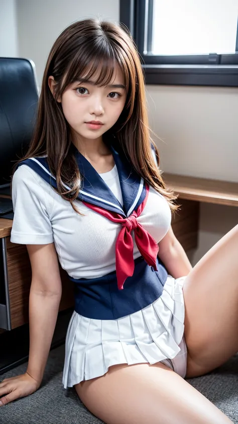 masterpiece,Product quality,   1 Japanese young and cute girl    ,   high school girl,18 years old,  shot by a cowboy ,(  taken from below    :1.3),(Well-balanced:1.3),Daytime, (High school classroom:1.2),(   high school girls uniform,   sailor suit  ,Wint...