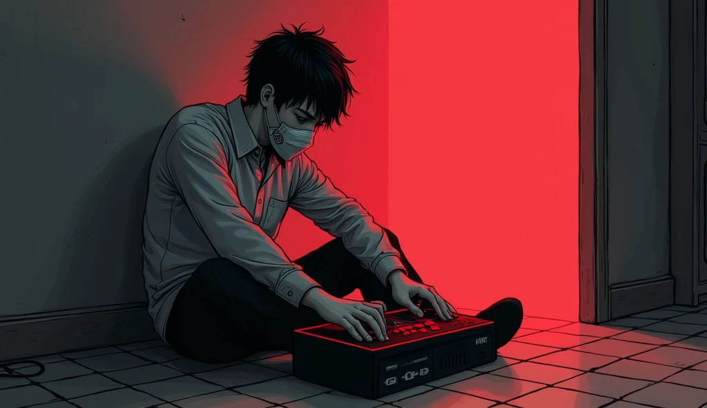 Draw me a  sitting on the ground with a retro game joystick in his hands , he is white and his hair is black his eyes are full of hope and he wears a half face oni mask on his mouth .. the background of the room is black and white but there is a red light ...