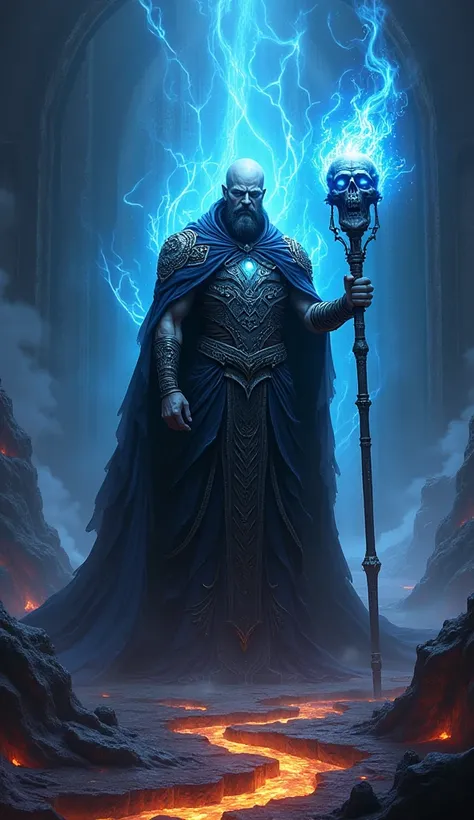 A majestic depiction of Hades, the god of the underworld, standing in a dark and ominous realm filled with swirling shadows and glowing blue flames. Hades is depicted with a regal yet fearsome aura, wearing a black and silver cloak with intricate patterns ...