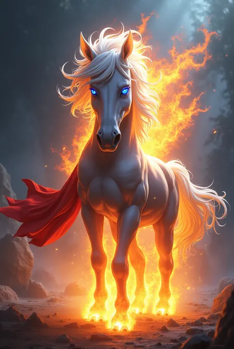 Make a hybrid of gojo saturo + horse. With flames on his fist and blue flames on eyes. Make body of gojo human. Make legs like human

