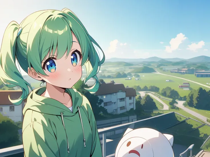  white round robot on the bottom left 、２ eyes are big and round 、 big head and cute robot 、
 cute 18 year old girl with anime-style twin tails on the bottom right、 green hair and a green hooded hoodie 。
The background is a school landscape 