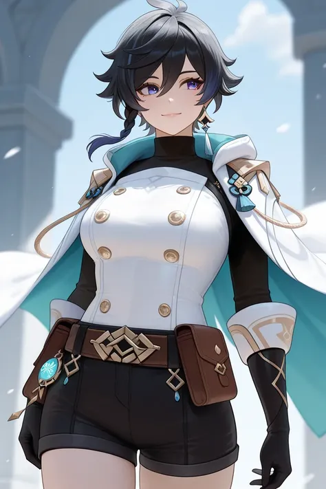 A woman with short black hair,Wearing a black turtleneck with black shorts,Wearing light armor,Symbol of wind, beautiful face, cool,Cheerful.Very sexy, Genshin,cool,She has a travel belt and a pouch.Shes wearing a cool cloak.She is sexy, big breasted and e...