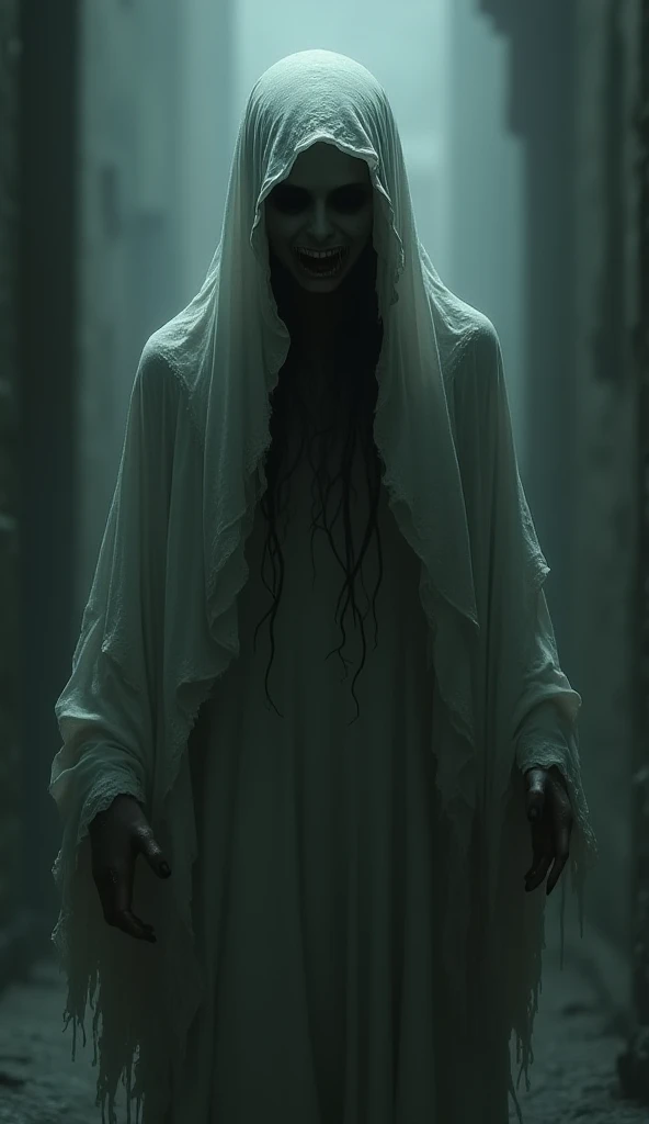 La Llorona a terrifying ghost with its hidden face and with a heartbreaking cry hyper realistic illustration