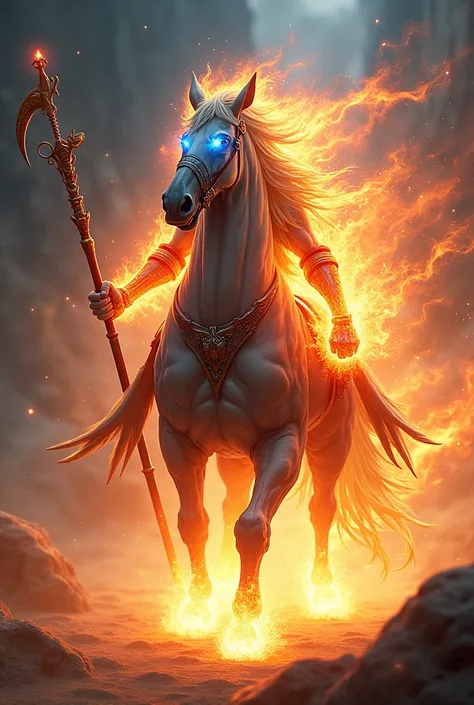 Make a hybrid of gojo saturo + horse. With flames on his fist and blue flames on eyes. Make body of gojo human. Make legs like human. With a weapon in his hand

