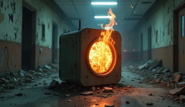 Ventilator is burning in a dilapidated hospital   4k image 