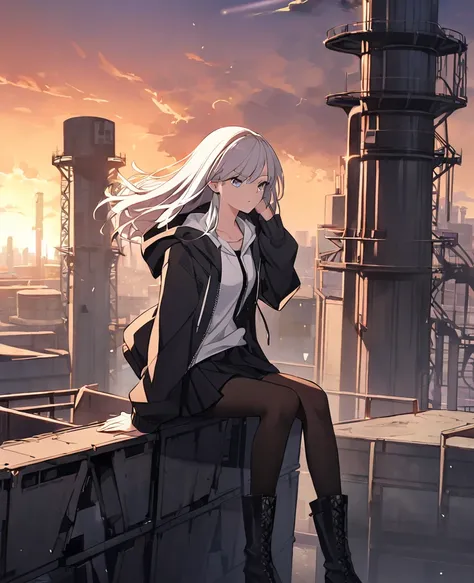 Girl, teen, white shirt with black tie, casual black open zip up hoodie, black skirt, pantyhose, knee high black boots, dystopian, distant factories, sunset, outside, on top of a water tower, wielding a railgun