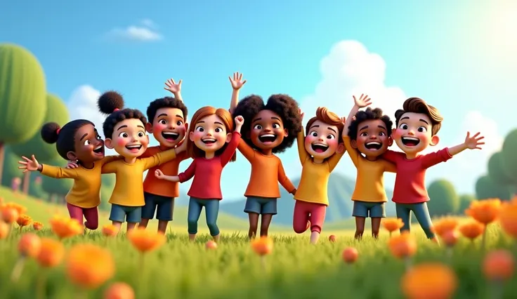 create a 3d disney pixar style of a joyful, colorful scene of ren from diverse backgrounds gathered together, rens smiling and jumping with jesus in a sunny field.