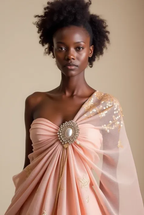 
"Elegance in Blush Pink – A Senegalese Touch"
This design embodies delicacy and sophistication, featuring a flowing, lightweight fabric in a subtle blush pink shade adorned with shimmering golden patterns. The refined drape, highlighted by an elegant jewe...