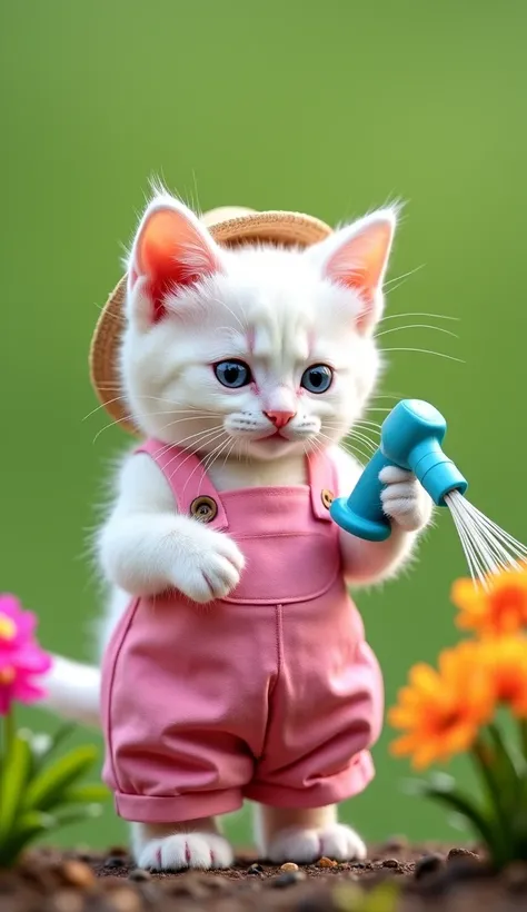  white kitten standing in pink dress cute realistic pink pants, Cat wearing a small straw hat and apron ,mini plant sprinkler ,  seen watering flowers in small garden .against a bright green background .
