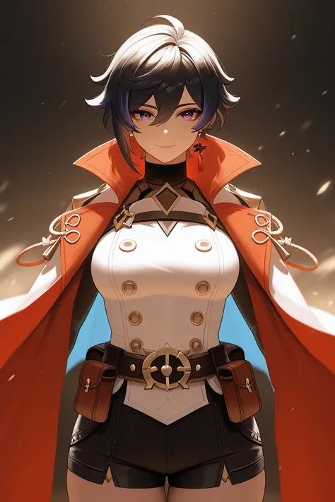 A woman with short black hair,Wearing a black turtleneck with black shorts,Wearing light armor,Symbol of wind, beautiful face, cool,Cheerful.Very sexy, Genshin,cool,She has a travel belt and a pouch.Shes wearing a cool cloak.She is sexy, big breasted and e...