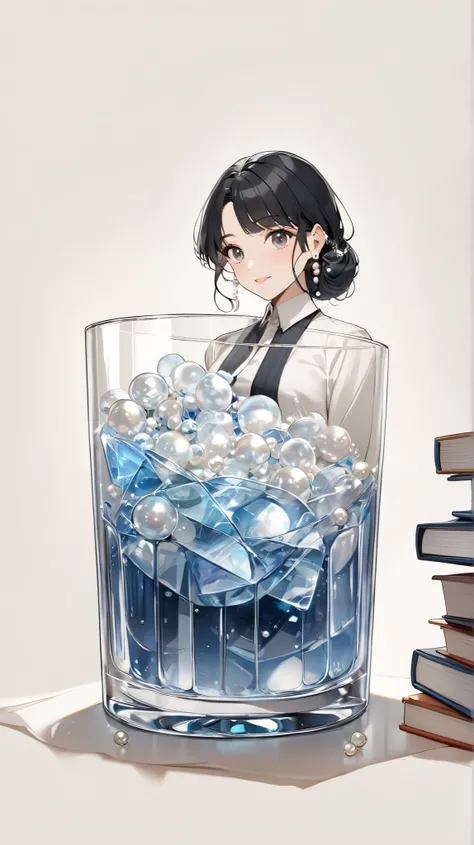  black hair, glass,  Pearl Earrings , The older sister who works at the library