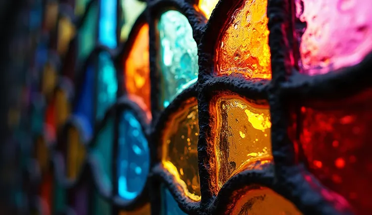 Extreme close-up of stained glass detail, individual glass pieces visible, light refractions, prismatic effects, abstract color study, artistic macro composition