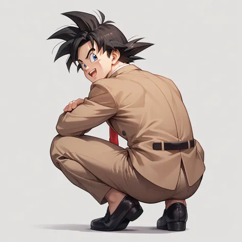 Dragon Ball Z, Anime style, cartoon drawing, full body image, solo, muscle, brown business suit,

squatting, open mouth, chatting, looking to the side, smiling, back view,

Solo, Son Goku, grey background, simple background, young man, brown business suit,...