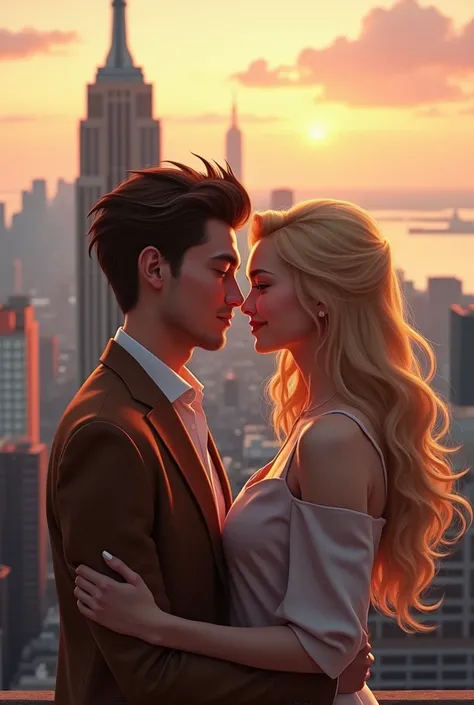 Create me a photo where there is a couple where she has beautiful long blond hats and he tufts brown hats equal in height against the background of New York with a romantic theme 